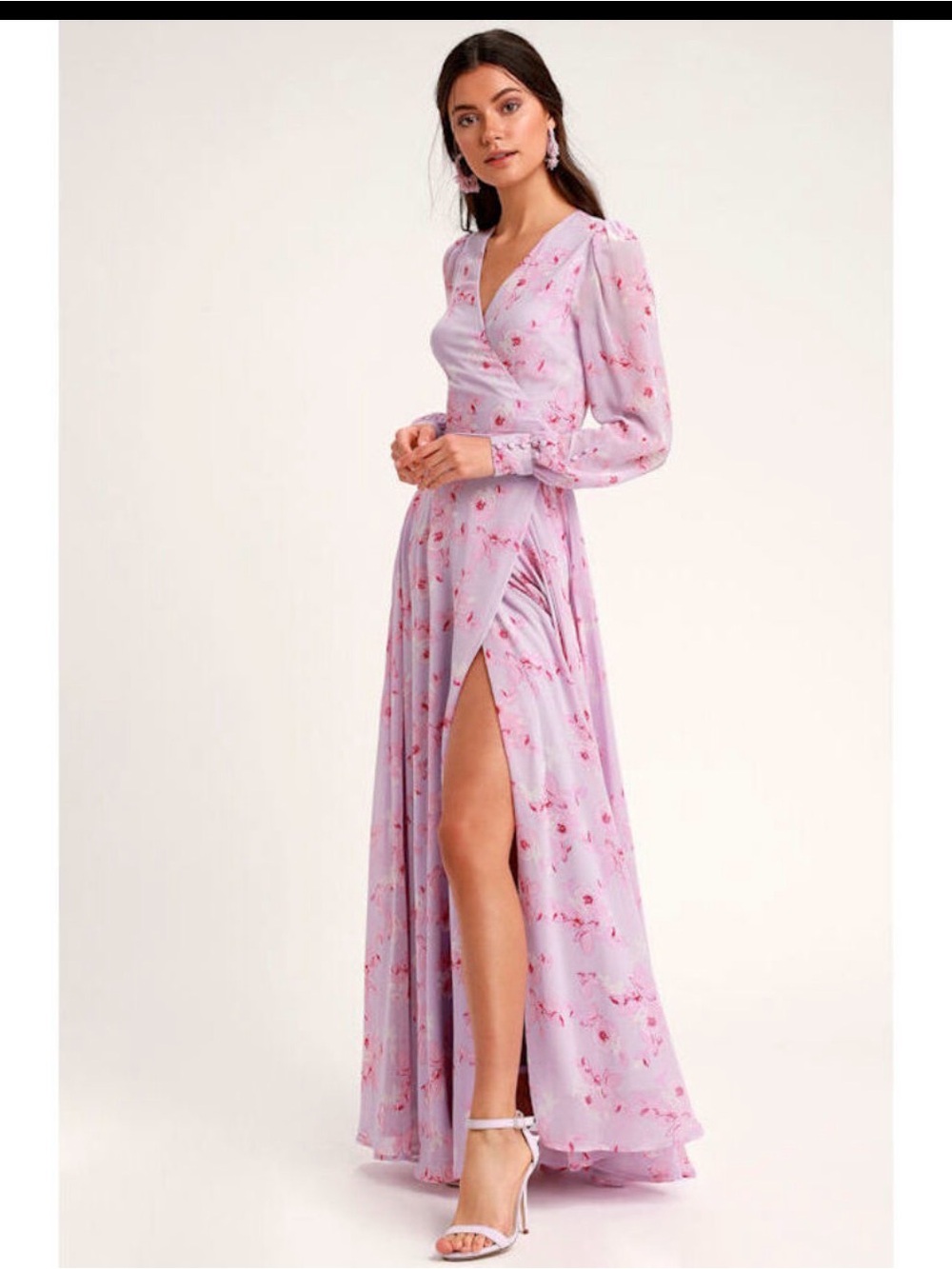 Lulu's Lilac Floral Wrap Maxi Dress with Thigh Slit